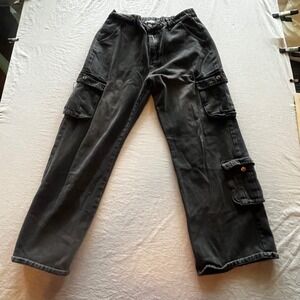 Riley & James‎ Womens Faded Black Denim Cargo Pants Wide Leg Size L